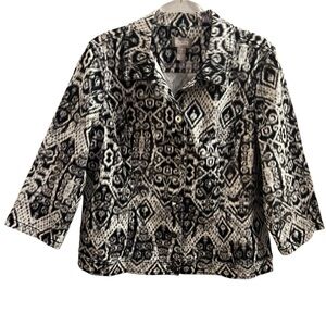CHICO’S JACKET, Size 2 / Large, Black & White Button Up Denim Jacket, Excellent.